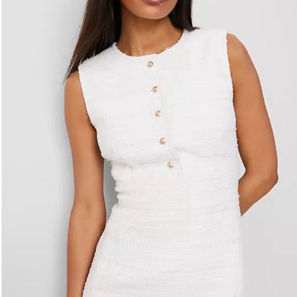 NWT Ann Taylor White Tweed Sheath Dress with Gold Button Detail